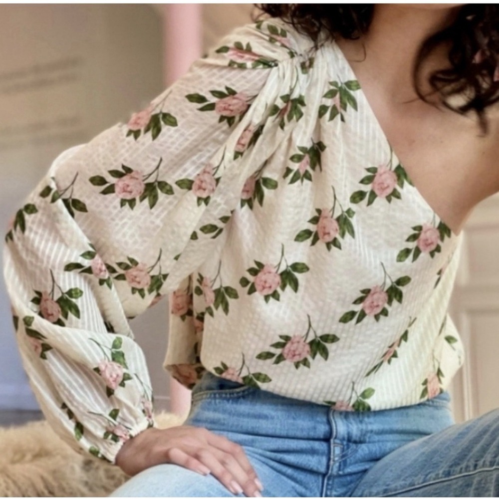 Cami NYC Womens Lenore Silk Floral Print‎ One Shoulder Blouse White Size M